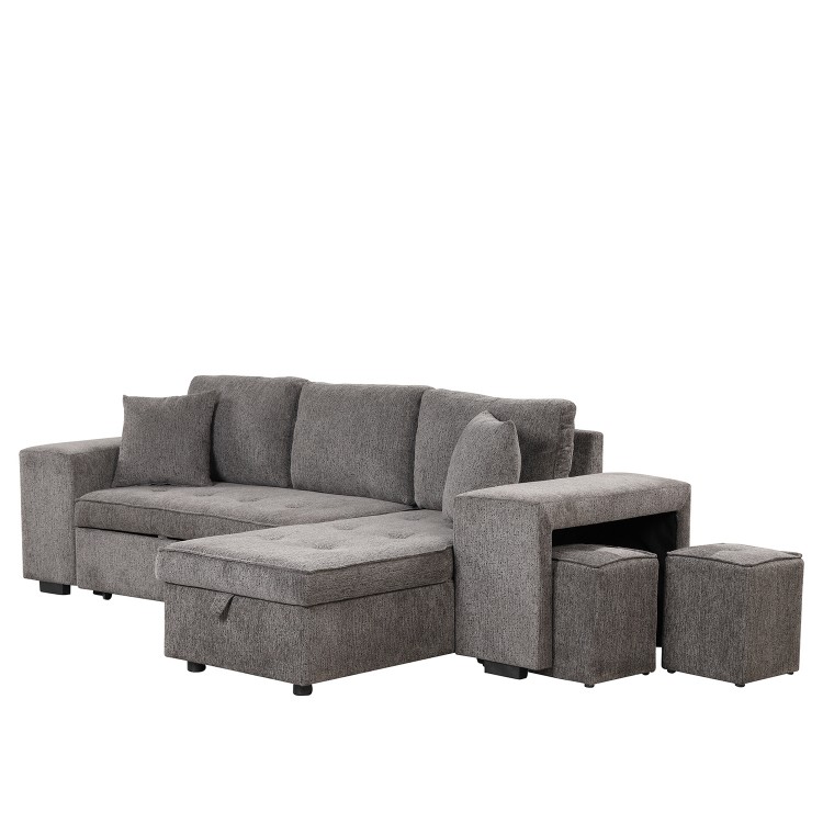 104" Modern L-Shape 3 Seat Reversible Sectional Couch, Pull Out Sleeper Sofa with Storage Chaise and 2 Stools for Living Room Furniture Set